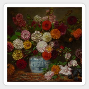 Still Life with Dahlias, Zinnias, Hollyhocks and Plums by Eugene Delacroix Sticker